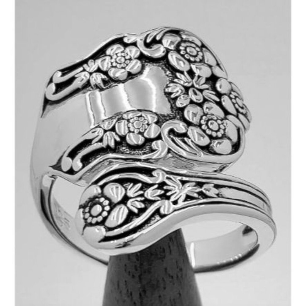 925 STERLING SILVER Vintage Style Flowers Spoon Ring - Picture 11 of 15